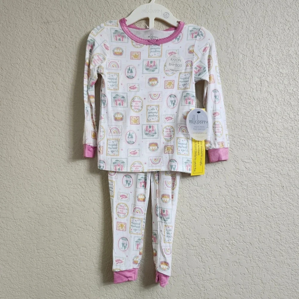 NEW Milkberry Bamboo Size 24M Princess Pajama Set Pink White Long‎ Sleeve